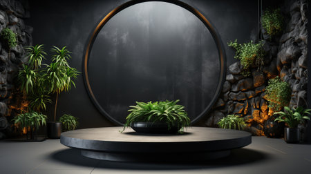 Product showcase with spotlight. Black studio room background.の素材