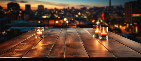 Empty wooden table in front of a blurred cityscape at night.の素材