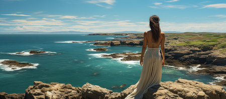 A young woman in a long dress is standing on a cliff and looking at the seaの素材
