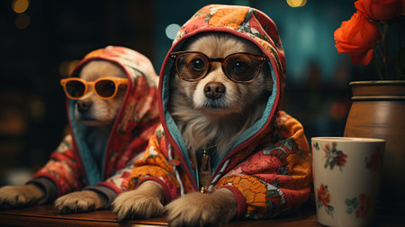 Cute chihuahua dog in hoodie and sunglasses at homeの素材