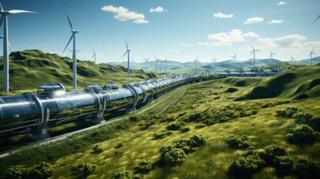Wind turbines in a row on a sunny day.の素材