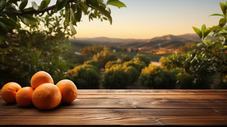 Fresh kumquat fruits on wooden table in garden. Space for textの素材