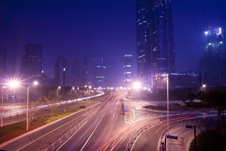 In the downtown business district at night