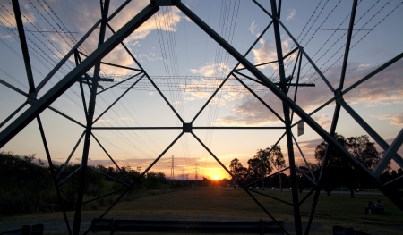 Electricity tower in the sunsetの写真素材