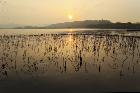 West Lake in Hangzhou, in the eveningの写真素材
