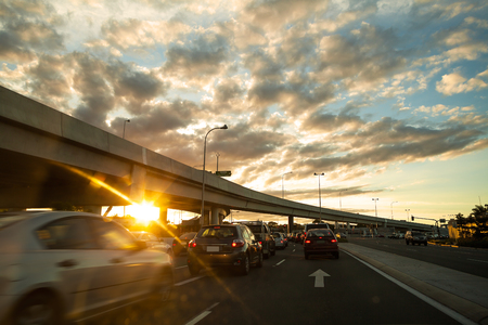 In the evening, a busy highway