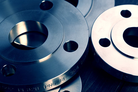 Blue tones of the industrial metal flange, more than a combination and flange close-upのeditorial素材