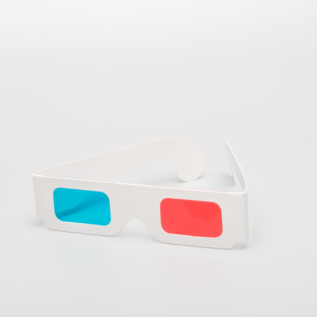 On a gray background, the various details of the combination of three-dimensional red and blue glassesの写真素材