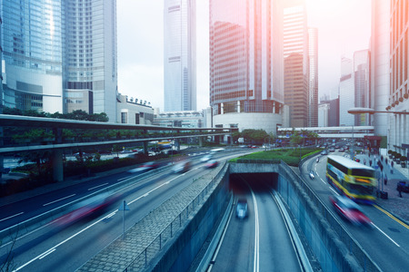 Hong Kong city road, evening car traffic and traceの写真素材