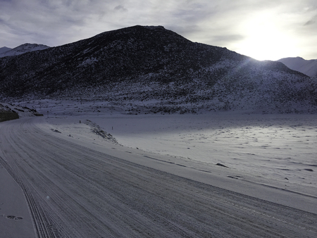 China Tibet, snowy mountain road pavement, no one sceneの写真素材
