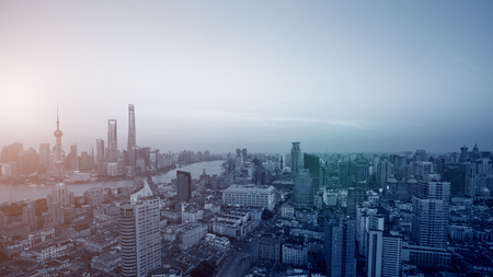 Evening skyline of Shanghai, Chinaの写真素材