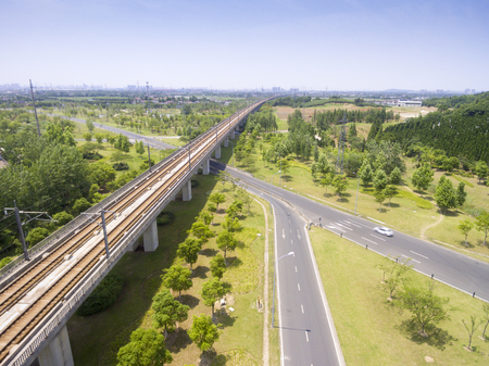 aerial view of the highway and high-speed railwayの写真素材