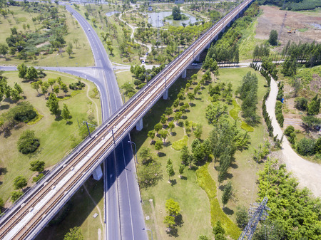 aerial view of the highway and high-speed railwayの写真素材