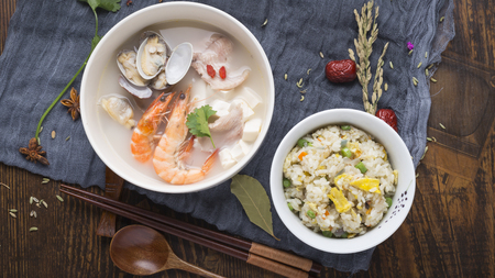 close-up of prawn sea shell soup with egg fried riceの写真素材