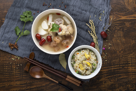 chicken soup with fried rice, Asian style foodの写真素材