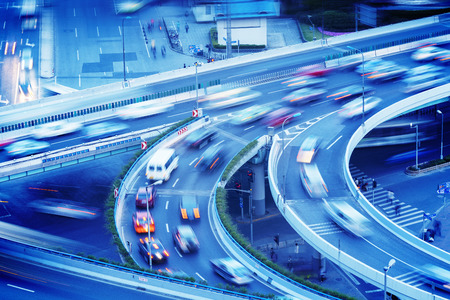 China Shanghai, evening viaduct car light trailsのeditorial素材