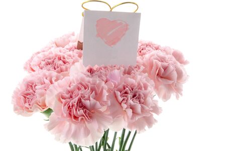 Happy Mother's Day, pink carnations in full bloom with card.の写真素材