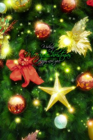 Christmas tree decorated with many Christmas ornaments, red bows and starsの写真素材