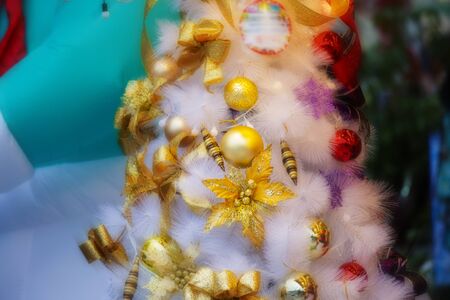 Christmas greeting card with gorgeous white Christmas tree and ornamentsの写真素材