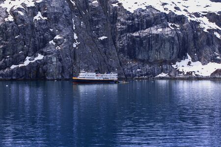 Cruise liner moored in the Gulf of Glacier Bay National Park, Alaskaの写真素材