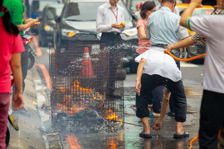(2017 09 01 New Taipei City, Taiwan) Chinese traditional religious practices, Zhongyuan Purdue, Chinese Ghost Festival, believers burned paper moneyのeditorial素材