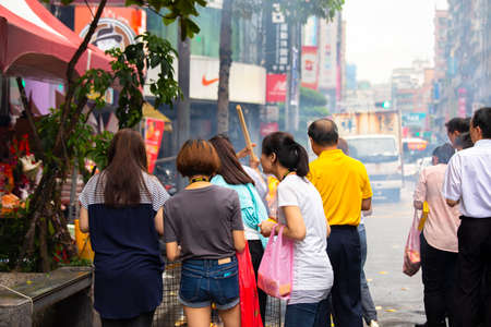 (2017 09 01 New Taipei City, Taiwan) Chinese traditional religious practices, Zhongyuan Purdue, Chinese Ghost Festival, believers burned paper moneyのeditorial素材