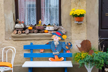Halloween decoration at door and window sill in Rothenburg, Germanyの写真素材