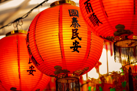 Chinese lanterns hanging in the temple (the text on the lantern: Peace)