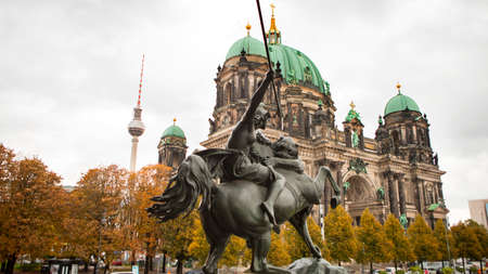 Statue of the goddess of battle in front of the museum on Museum Island, Berlin, Germanyのeditorial素材
