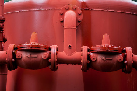 Red boiler in the old winery park in the historic buildingの写真素材
