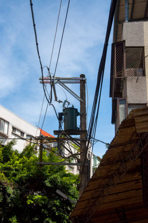 Dangerous high voltage electrical boxes in an alley next to buildings