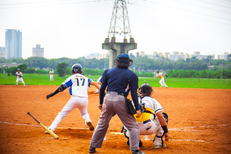 The baseball court players in the river embankment are playing baseball