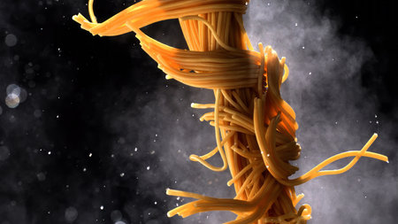 Pick up the hot noodles with elasticity and bring out the water dropletsの写真素材