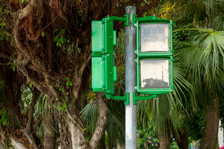 Unique pedestrian signal light little green man traffic light in Taipei, Taiwanの写真素材