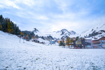 Town covered by ice and snow on Mount Platus in Switzerlandの写真素材