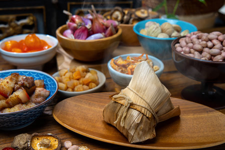 Traditional Taiwanese Rice Dumpling with Various Ingredients Displayedの写真素材