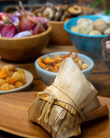 Traditional Taiwanese Rice Dumpling with Various Ingredients Displayedの写真素材