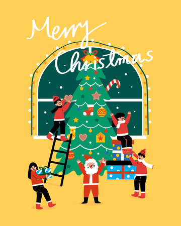 Family celebrate Merry Christmas at home. Family decorate a Christmas treeのイラスト素材