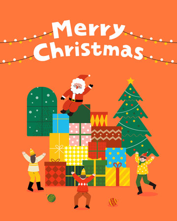 Children celebrate Merry Christmas together at home. Santa Claus sits on giftsのイラスト素材