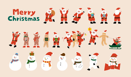 Collection of Santa Claus, gingerbread, reindeer and snowmanのイラスト素材
