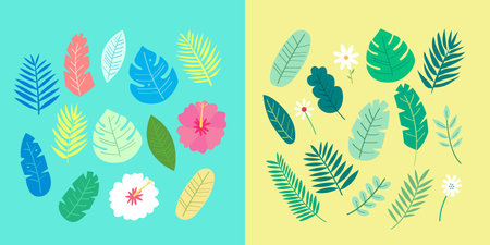 A flat vector collection of tropical leaves, including banana leaf, palm, monstera, and fern. Ideal...
