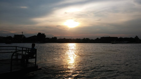sunset on the riverの写真素材