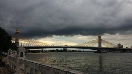 Rain clouds over Nonthaburi 1 or Maha Chesadabodindranusorn Bridge in Thailandの写真素材