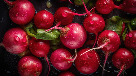 Fresh Radishes, Garden Fresh, Top-Down View of Fresh and Plentiful Vegetable Products- Generative AIの素材