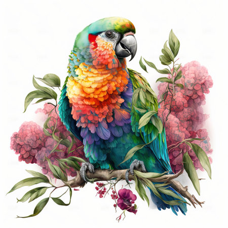 The Exotic Beauty of a Parrot, A Vibrant Parrot on a Flowers Branch, Isolated on White Background - Generative AIの素材