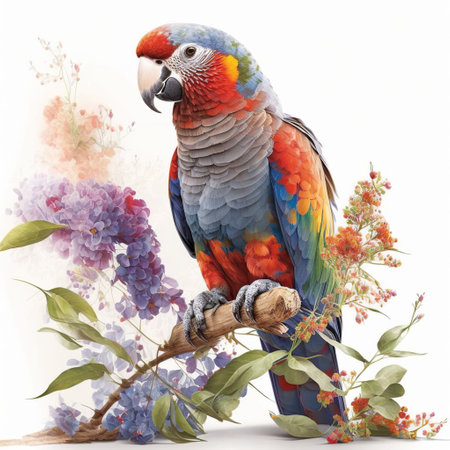 Radiant Plumage, A Gorgeous Parrot on a Flowers Branch, Isolated on White Background - Generative AIの素材