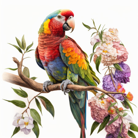 The Artistry of Nature, A Gorgeous Parrot in Full Splendor on a Flowers Branch, Isolated on White Background - Generative AIの素材