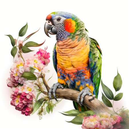 In Full Bloom, A Beautiful Parrot on a Flowers Branch, Isolated on White Background - Generative AIの素材