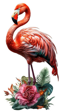 Tropicana, A Vibrant Pink Flamingo with Tropical Flowers, Isolated on White Background - Generative AIの素材