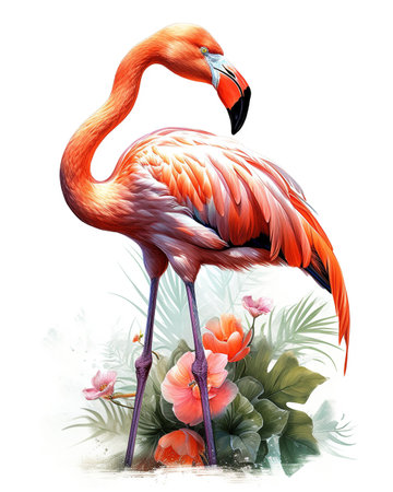 The Splendor of Flamingos: A Beautiful Pink Flamingo, Isolated on White Background - Generative AIの素材